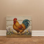 Farmhouse rooster canvas leaning on a beige wall above the baseboard and tile floor, mid size gallery wrap, no people