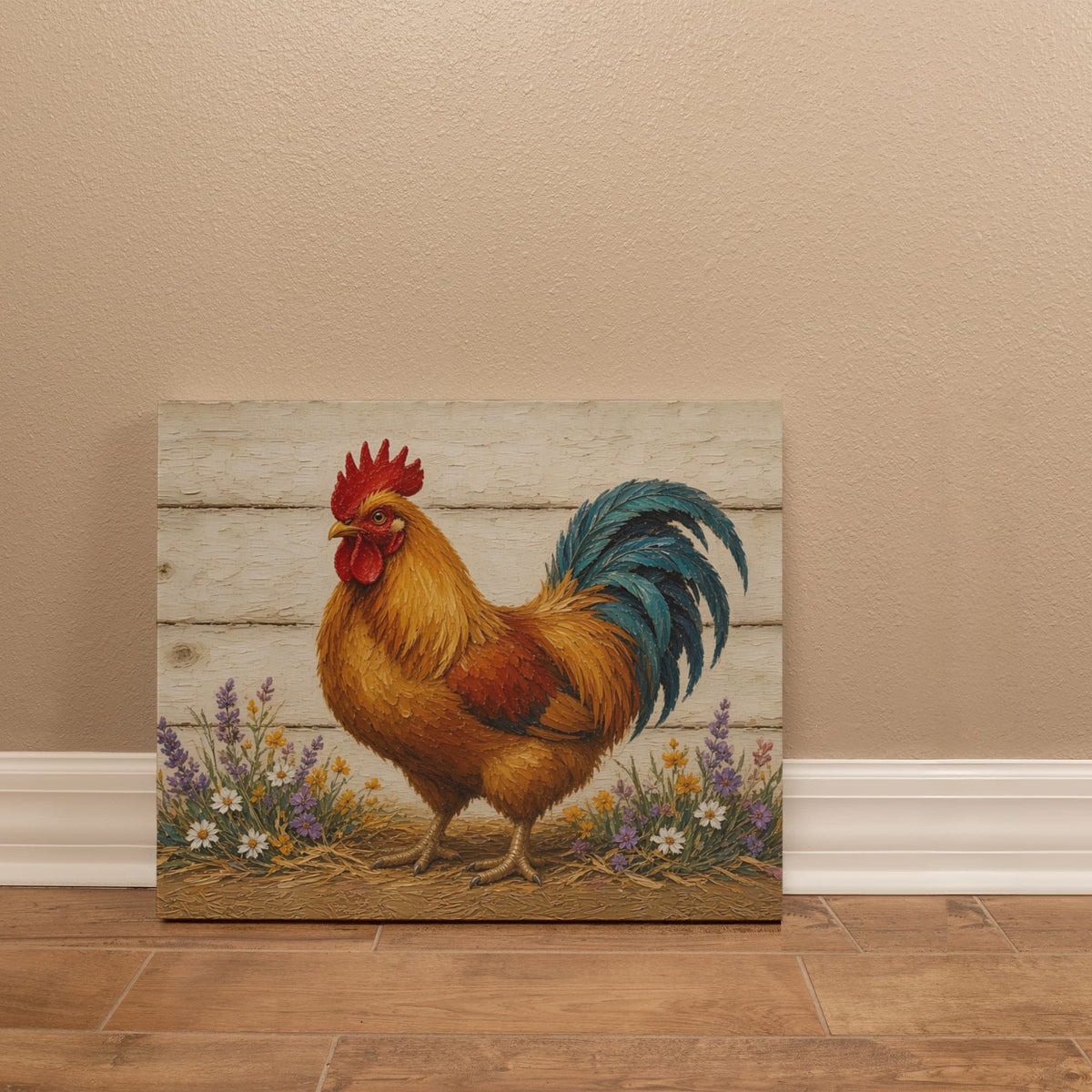 Farmhouse rooster canvas leaning on a beige wall above the baseboard and tile floor, mid size gallery wrap, no people