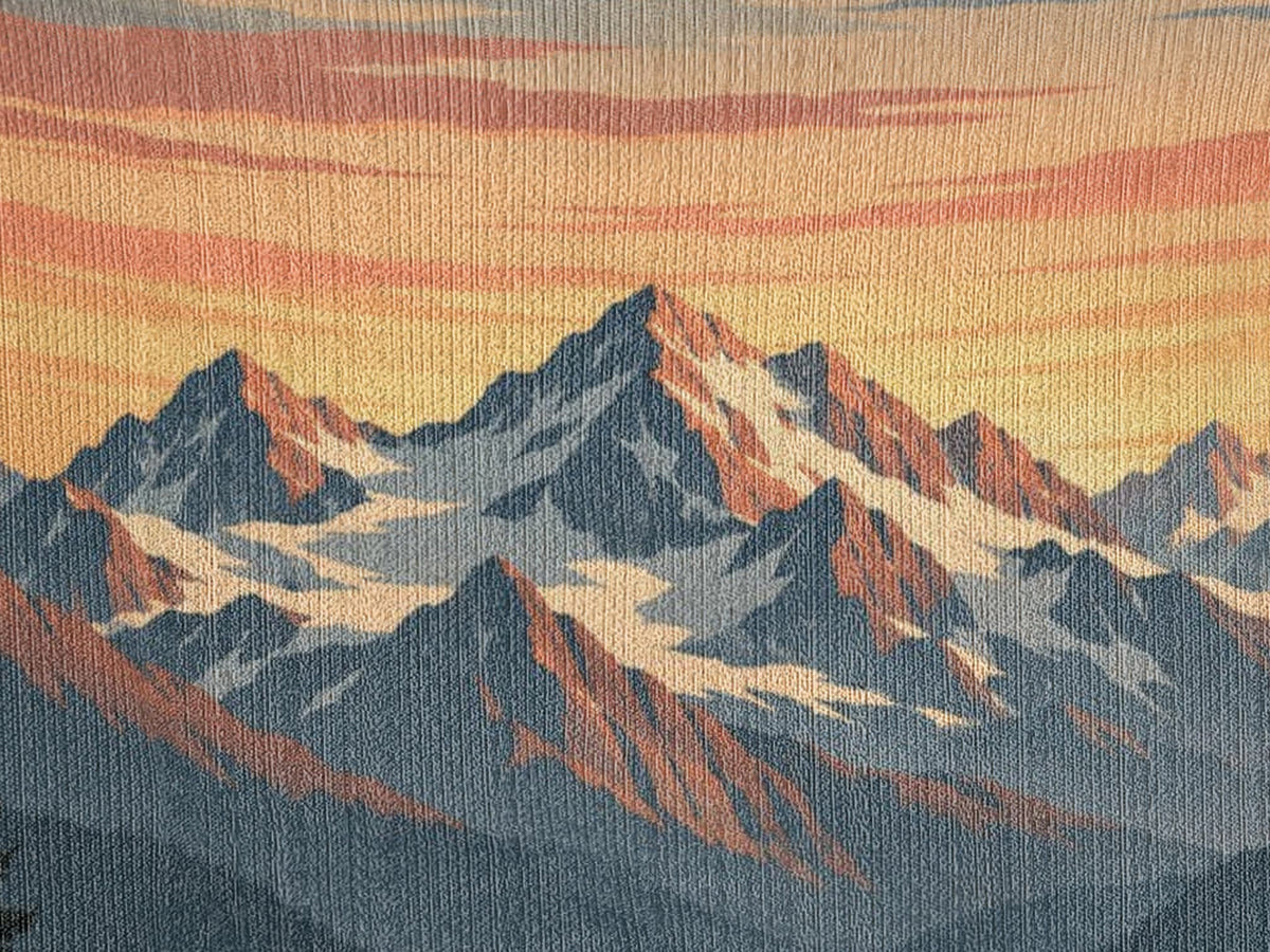 Close view of the Mountain Sunrise woven blanket: banded orange sunrise sky over snowcapped peaks, with the cotton weave visible across the design.