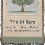 Personalized family tree woven blanket in the 37 x 52 size, close view of the oak and The Millers with family names below