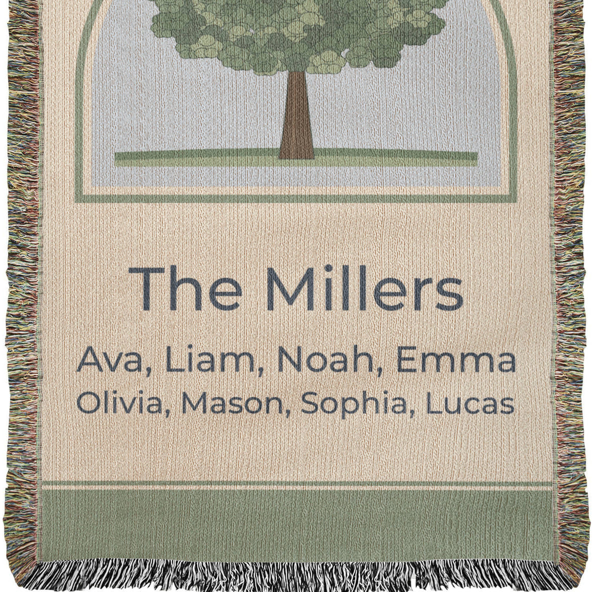 Personalized family tree woven blanket in the 37 x 52 size, close view of the oak and The Millers with family names below