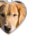 Lower edge of the photo heart pendant, showing the polished steel bezel wrapping the printed pet photo.