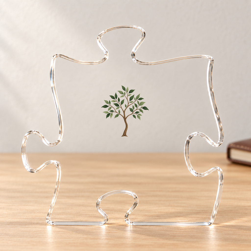 Clear acrylic puzzle plaque with a sapling design standing on a wooden desk beside a book.
