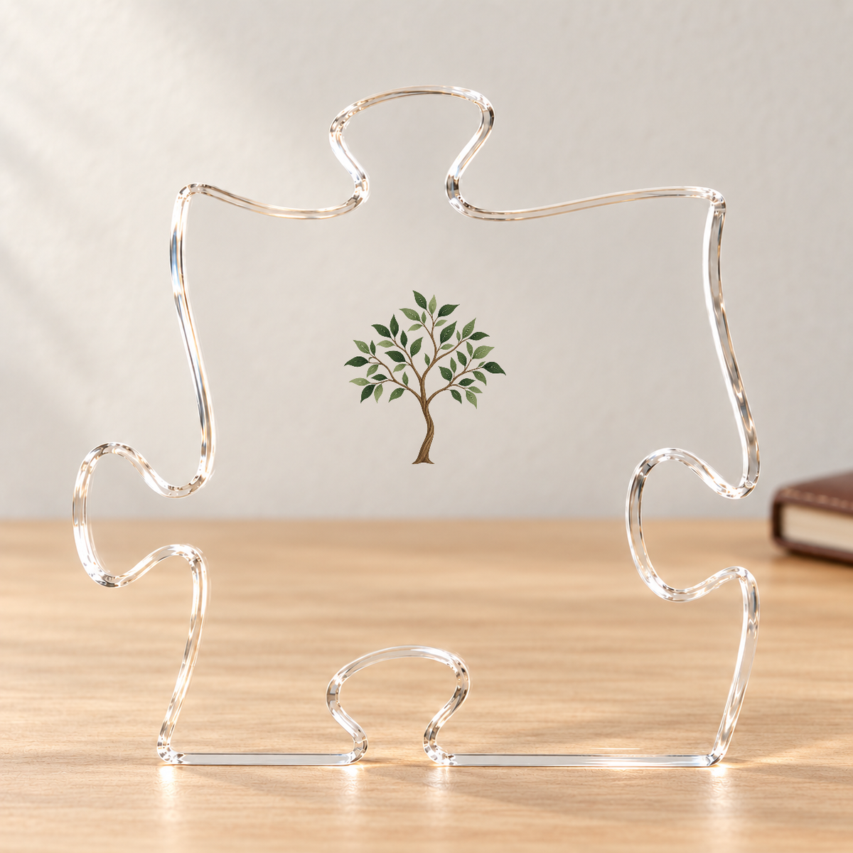 Clear acrylic puzzle plaque with a sapling design standing on a wooden desk beside a book.