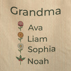 Close-up of the woven grandma blanket names Ava, Liam, Sophia and Noah, each with its own birth month flower, on textured cream cotton