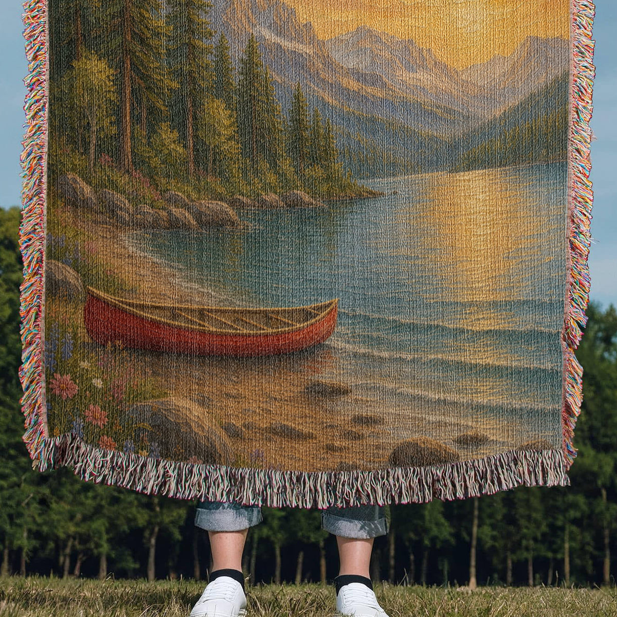 Be Still lake woven throw held up outdoors in a field, red canoe and fringe in view with only feet below