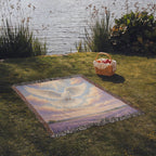 Memorial dove woven throw: white dove rising over a lavender field with the Matthew 5:4 verse laid on a lakeside picnic lawn, seen at an angle