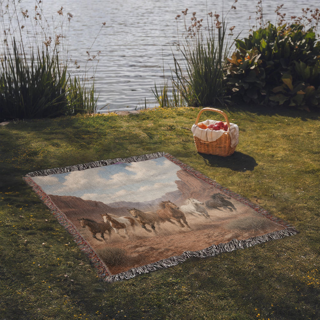 Western horse woven cotton throw laid on the grass by a lake, fringed edges, canyon herd design facing up