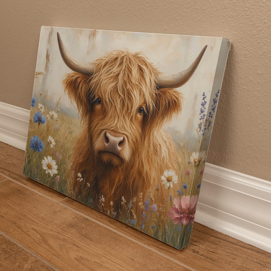 Highland cow canvas angled on the floor, showing the gallery-wrapped side with the painting continuing around the edge
