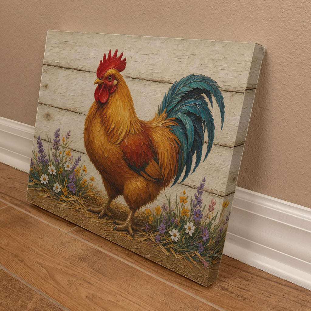Angled farmhouse rooster canvas on the floor showing the gallery wrap side edge and painted rooster face