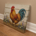 Angled farmhouse rooster canvas on the floor showing the gallery wrap side edge and painted rooster face