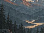 Close view of the lower Mountain Sunrise design in woven cotton: misty blue ridges, a golden winding river and dark pine trees.
