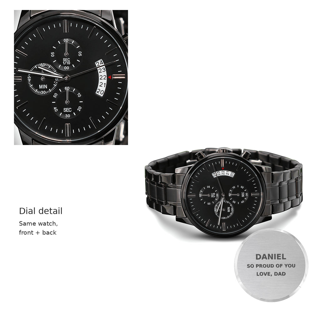 Chronograph dial detail with complete watch and personalized caseback context