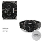 Chronograph dial detail with complete watch and personalized caseback context