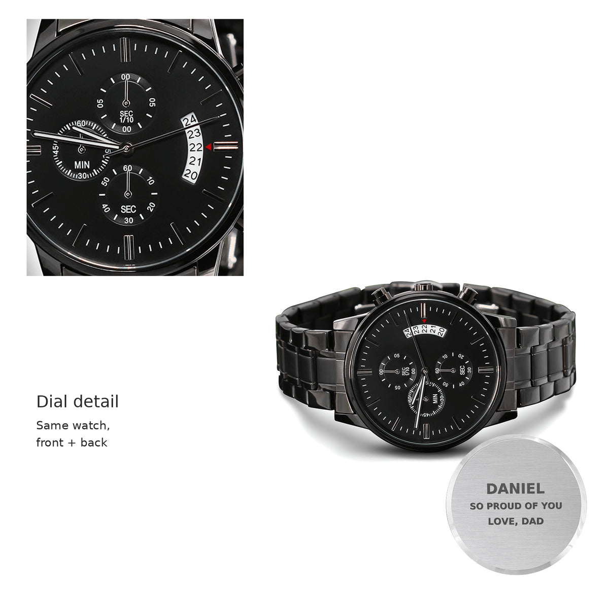 Chronograph dial detail with complete watch and personalized caseback context