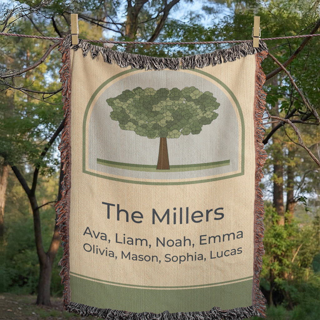 Family tree woven blanket hanging on an outdoor line, full front with The Millers and family names on cream