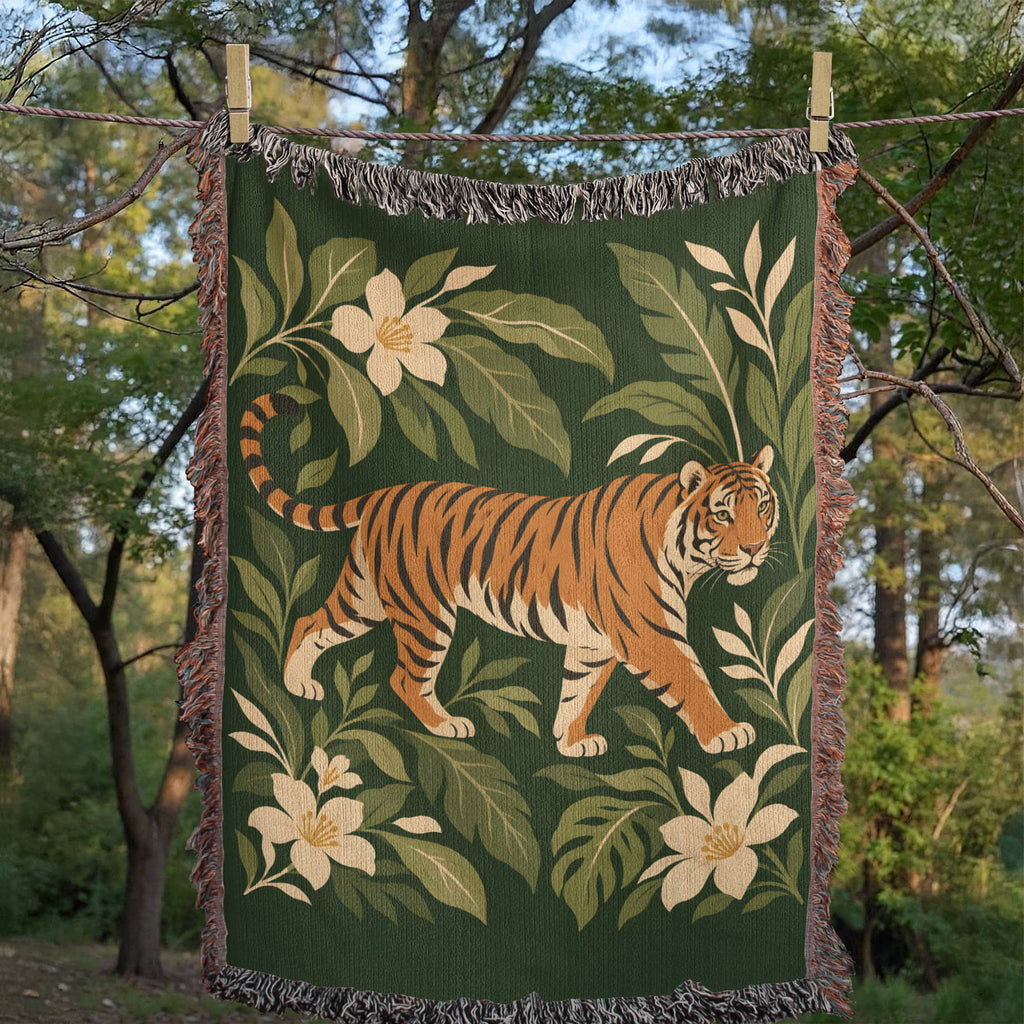 Tiger Botanical woven cotton blanket hung on an outdoor line among trees, the whole tiger and botanical design in view with fringed edges.