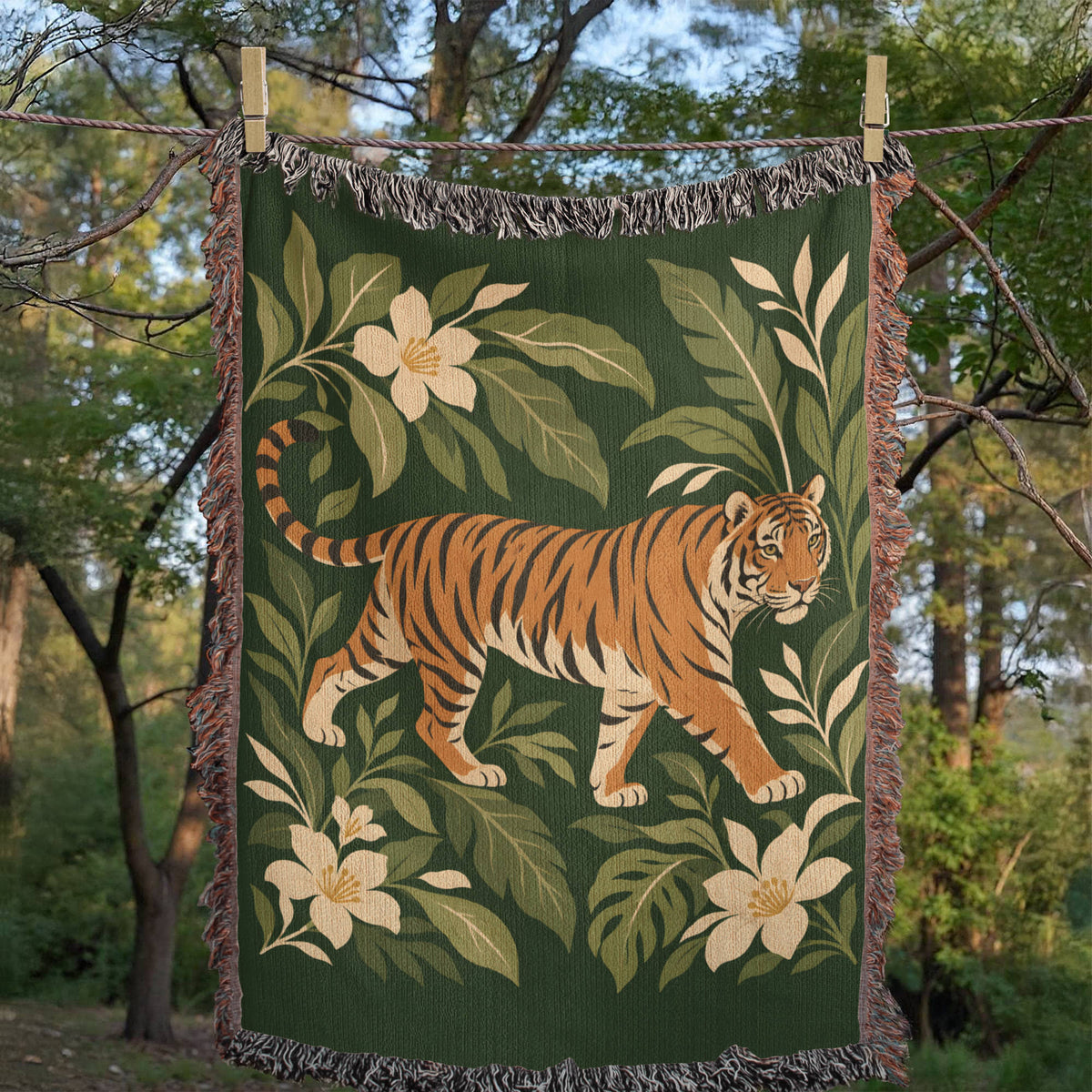 Tiger Botanical woven cotton blanket hung on an outdoor line among trees, the whole tiger and botanical design in view with fringed edges.