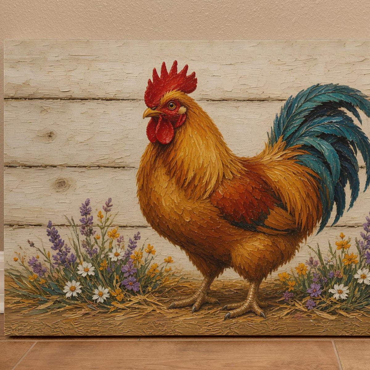 Detail of the farmhouse rooster canvas left side: impasto rooster, wildflowers and whitewash planks up to the wrapped left edge
