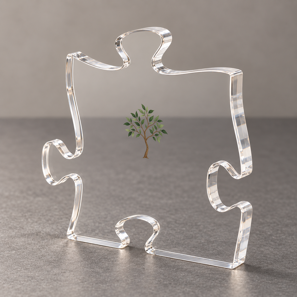 Angled view of the acrylic puzzle plaque showing its thick polished edge and sapling design on a gray surface.