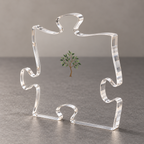 Angled view of the acrylic puzzle plaque showing its thick polished edge and sapling design on a gray surface.