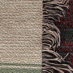 Close-up of the woven cotton blanket edge: textured cream weave and multicolor knotted fringe