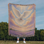 Memorial dove throw, white dove rising over a lavender field, Matthew 5:4 held up outdoors in a field, only fingertips and feet in view