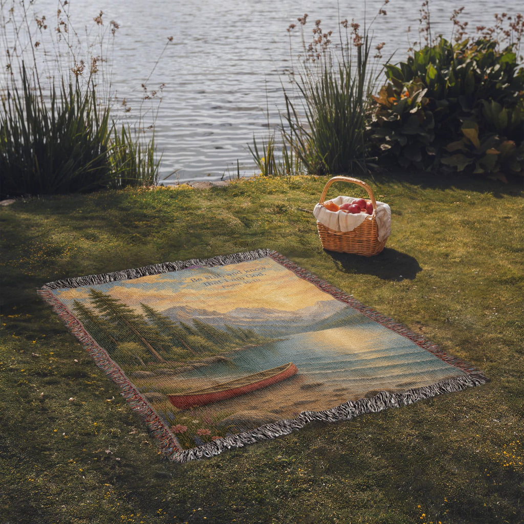 Be Still lake woven throw laid on a lakeside picnic lawn, seen at an angle