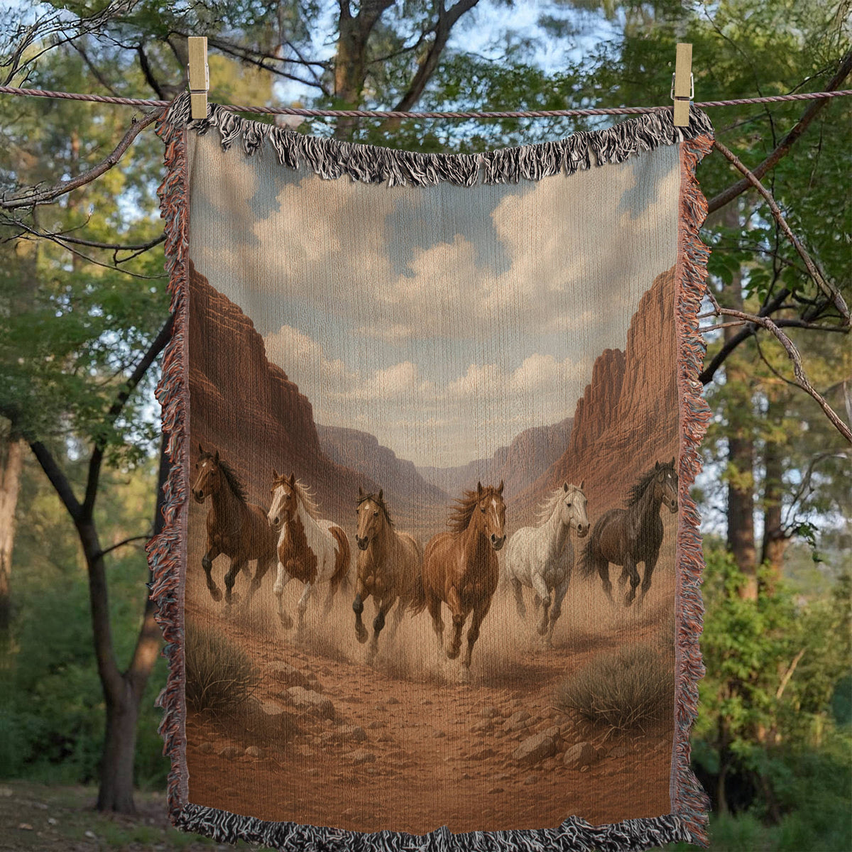 Western horse woven blanket hanging outdoors among trees, full front with the galloping herd and red-rock canyon