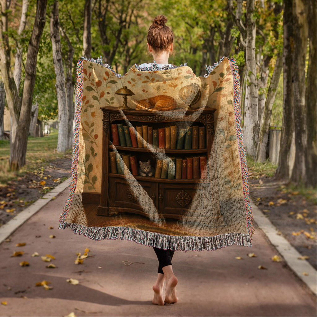 Library cat woven throw: orange tabby folk art worn as a wrap on a tree-lined path, seen from behind, fringe on all edges