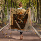 Library cat woven throw: orange tabby folk art worn as a wrap on a tree-lined path, seen from behind, fringe on all edges
