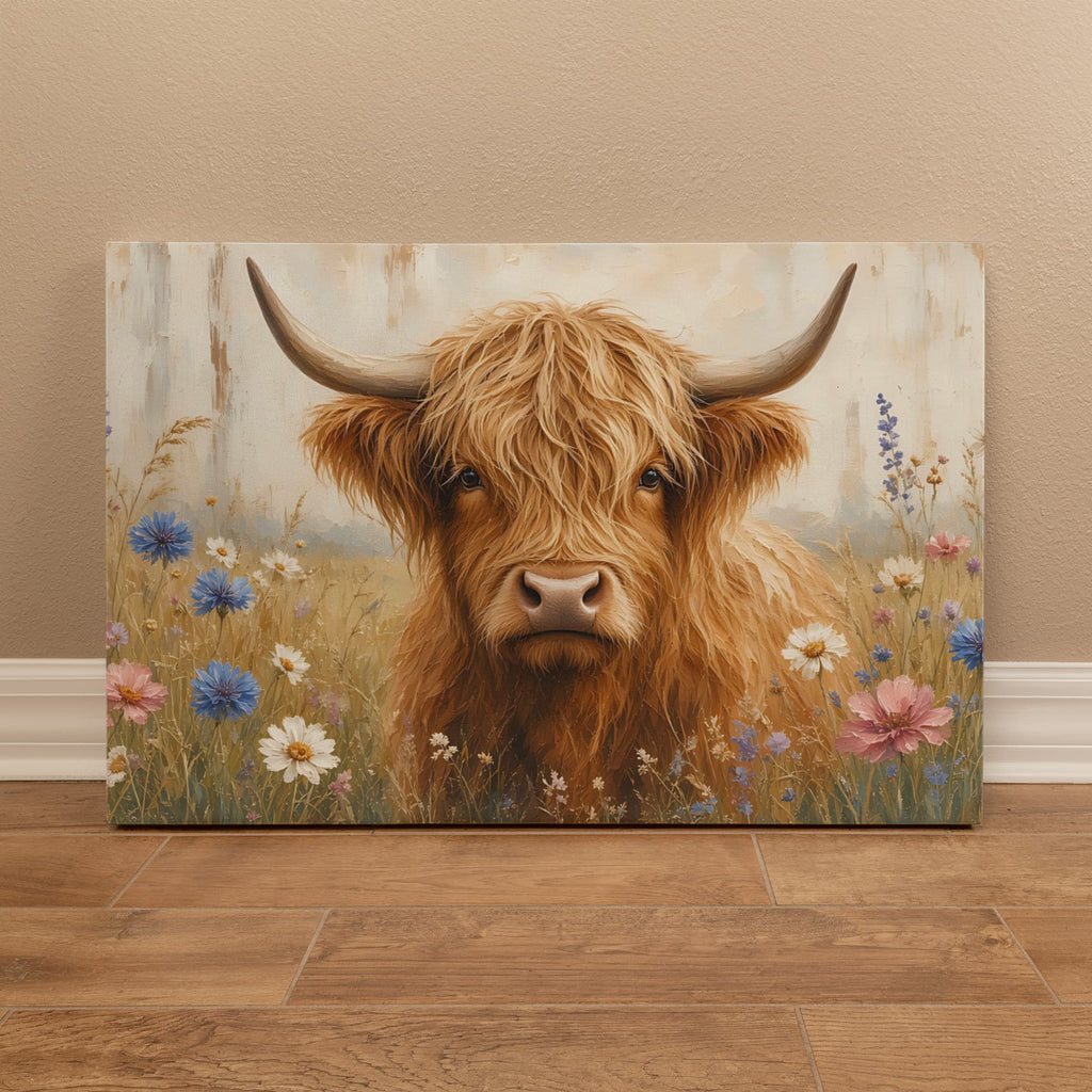 Highland cow canvas wall art leaning against a beige wall on a wood floor, full front of the painterly cow among daisies and cornflowers