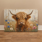 Highland cow canvas wall art leaning against a beige wall on a wood floor, full front of the painterly cow among daisies and cornflowers