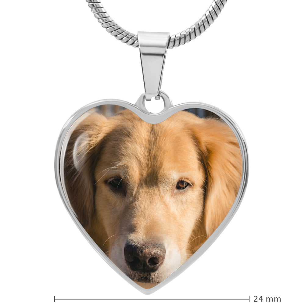 Pet photo heart necklace with a 24 mm dimension line across the width of the heart pendant to show its true size.