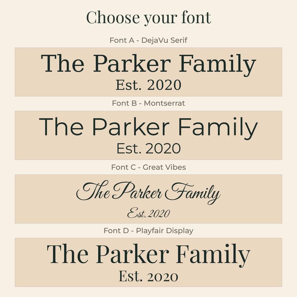 Font options A to D for personalized names and date
