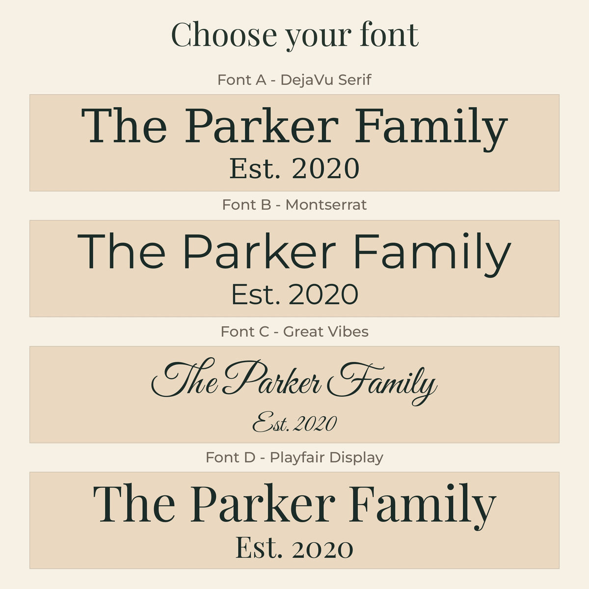 Font options A to D for personalized names and date