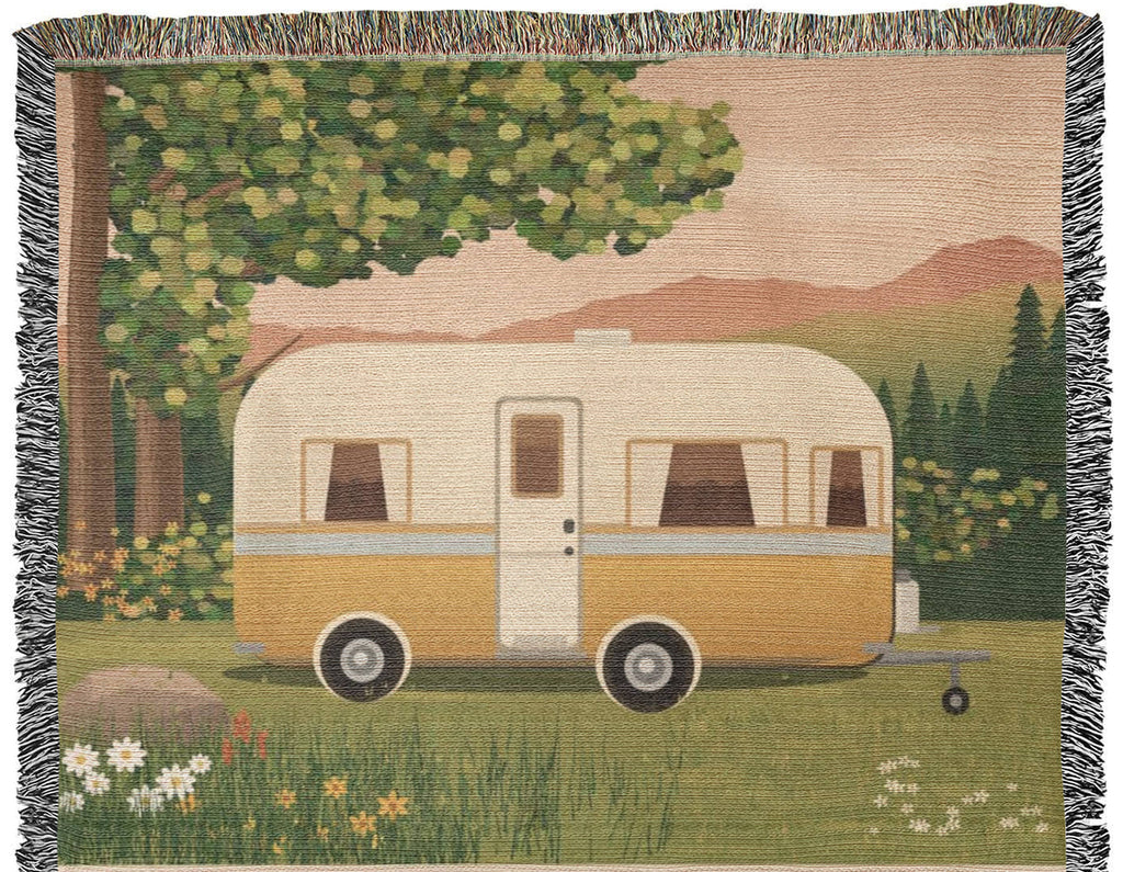 Family Caravan personalized woven cotton blanket artwork panel, the full woven scene from the top fringe down to the cream lettering panel.