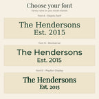 Font choices for the personalized woven blanket: Font A, Font B and Font D with the family name and year