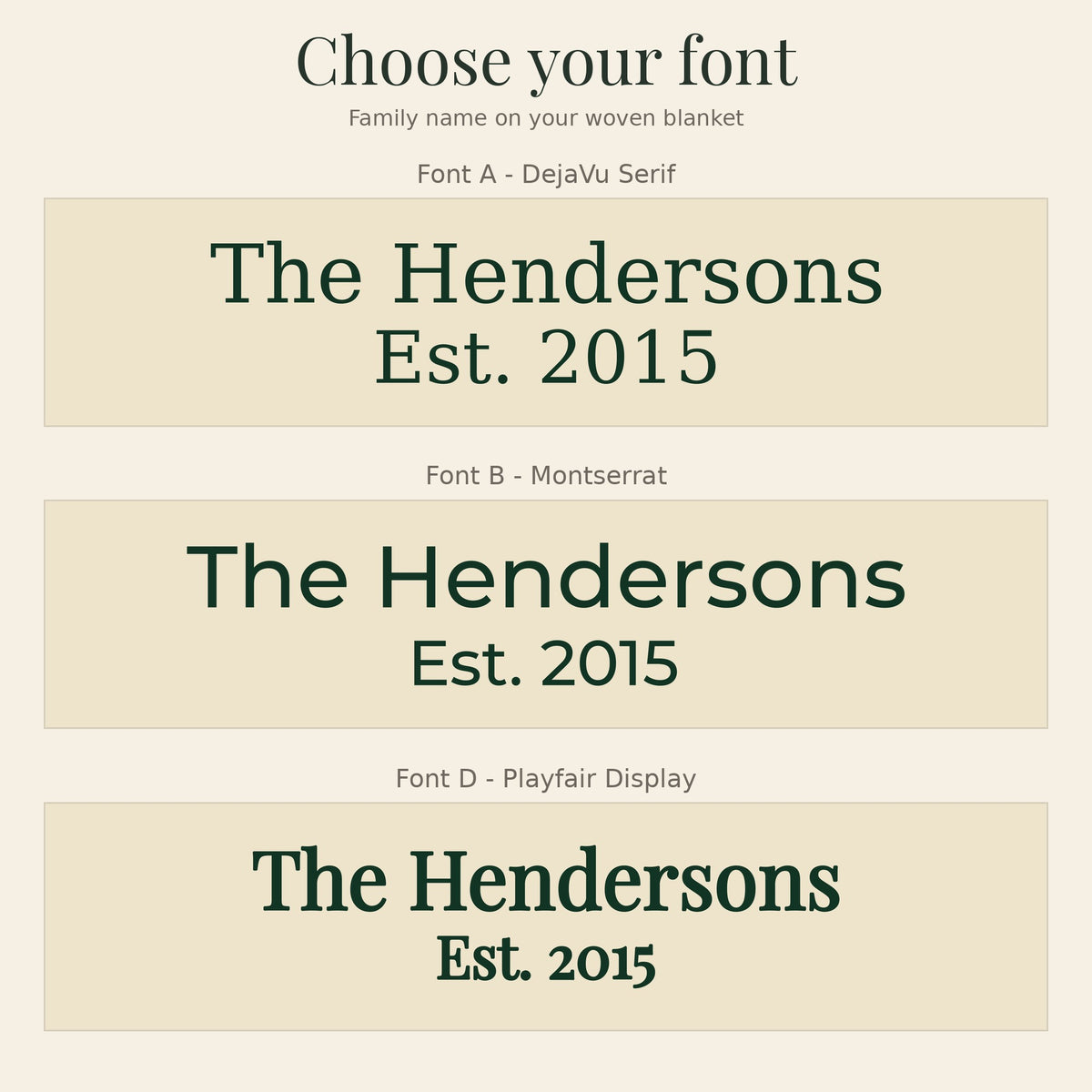 Font choices for the personalized woven blanket: Font A, Font B and Font D with the family name and year