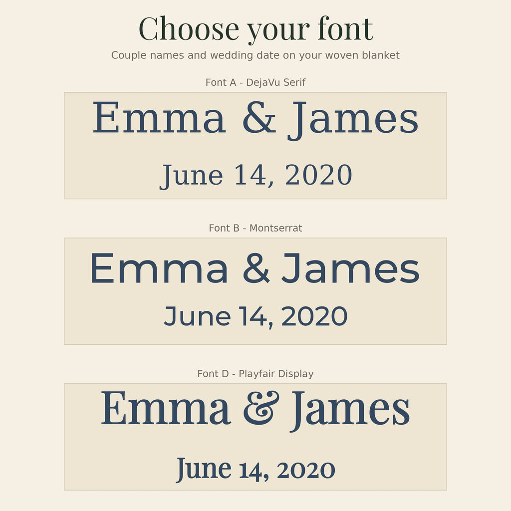 Font choices for the wildflower anniversary woven blanket: Font A, Font B and Font D with Emma & James and June 14, 2020