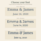 Font choices for the wildflower anniversary woven blanket: Font A, Font B and Font D with Emma & James and June 14, 2020