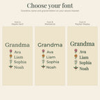 Font choices for the personalized grandma woven blanket: Font A, Font B and Font D with the grandma name and grandchildren