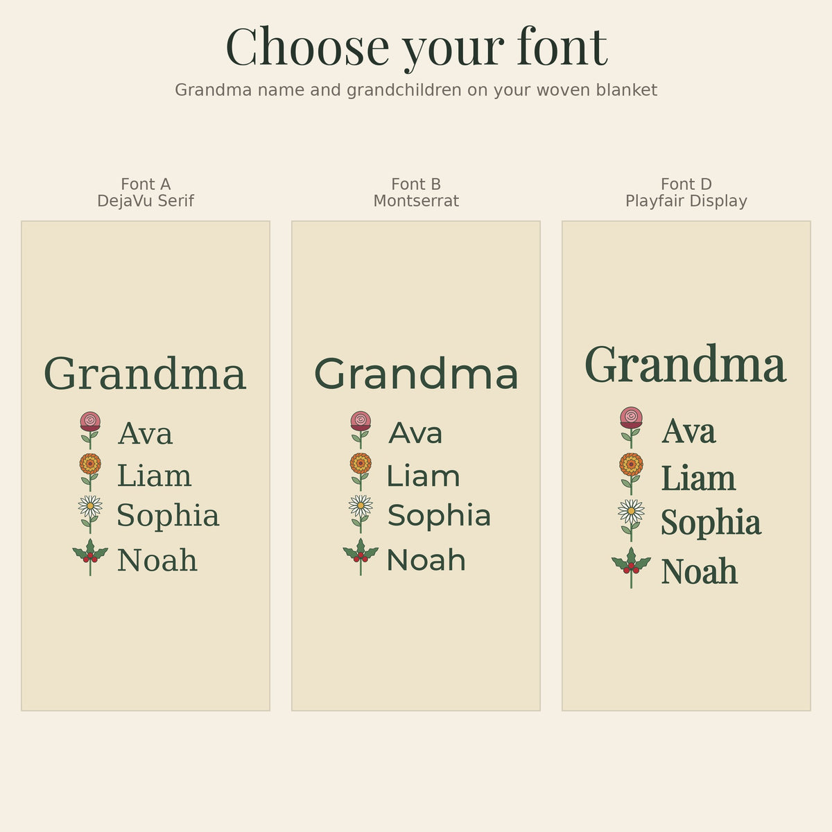 Font choices for the personalized grandma woven blanket: Font A, Font B and Font D with the grandma name and grandchildren