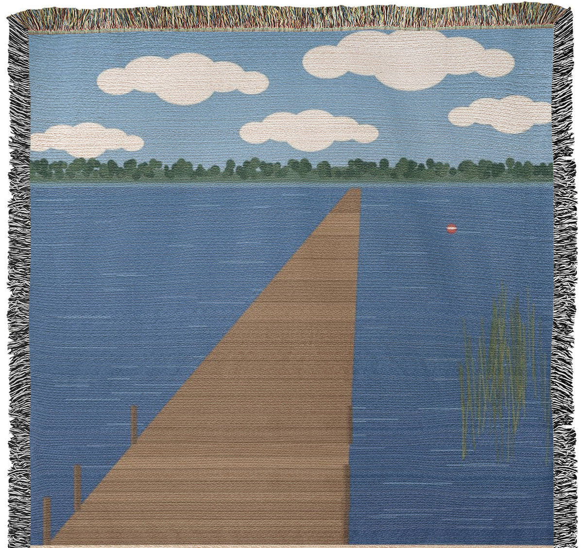Lake House personalized woven cotton blanket artwork panel, the full woven scene from the top fringe down to the cream lettering panel.
