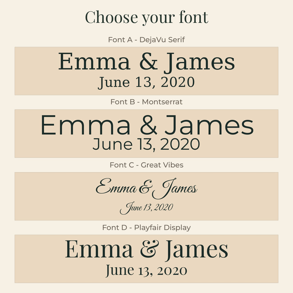 Font choice guide for the personalized woven cotton blanket, showing the lettering styles available for the names and date.