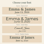 Font choice guide for the personalized woven cotton blanket, showing the lettering styles available for the names and date.