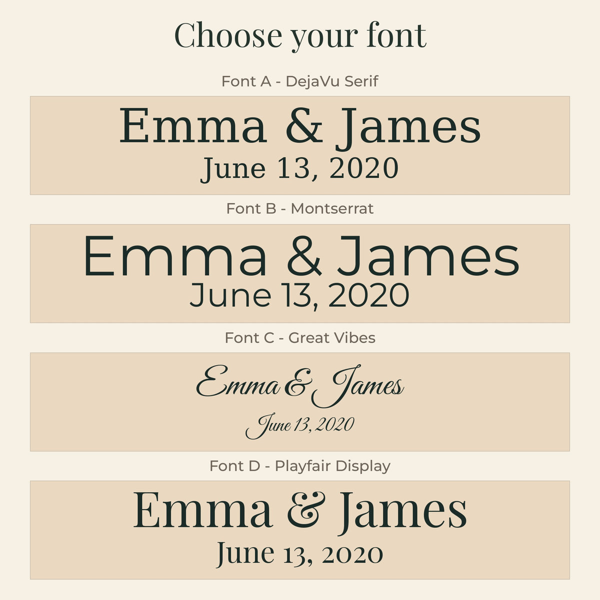 Font choice guide for the personalized woven cotton blanket, showing the lettering styles available for the names and date.