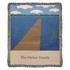 Lake House personalized woven cotton blanket shown full front on a plain background, with the woven names and date on the lettering panel.