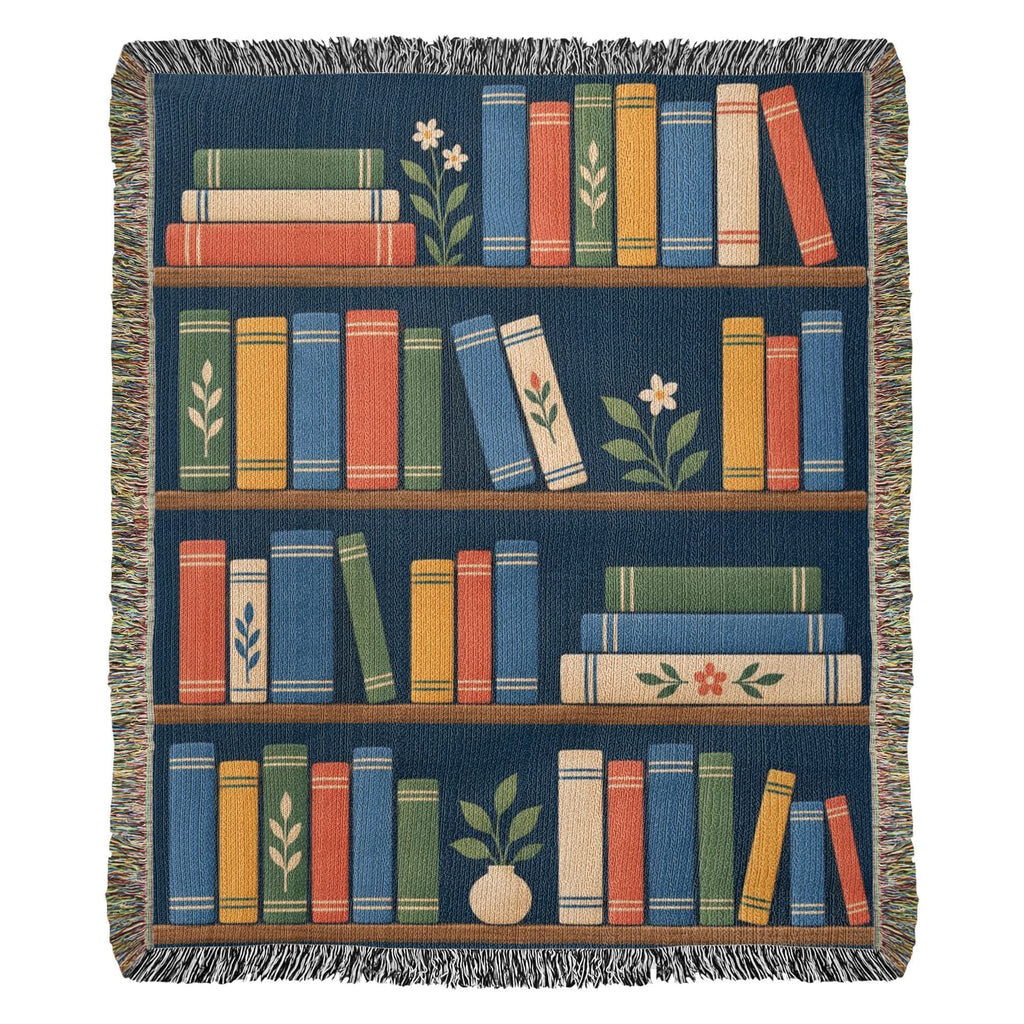 Book Garden woven cotton blanket shown full front on a white background: shelves of colorful books with small potted plants on navy, with fringed edges.