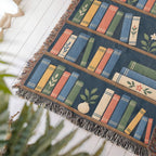 Close-up of a corner of the Book Garden woven cotton blanket lying at an angle on a white wood floor, showing the knotted fringe, woven texture and colorful book spines.